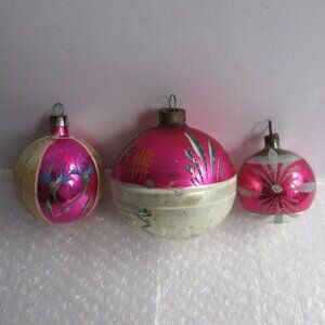 3 Hand Painted Blown Glass Christmas Ornaments Poland Pink Silver Vintage